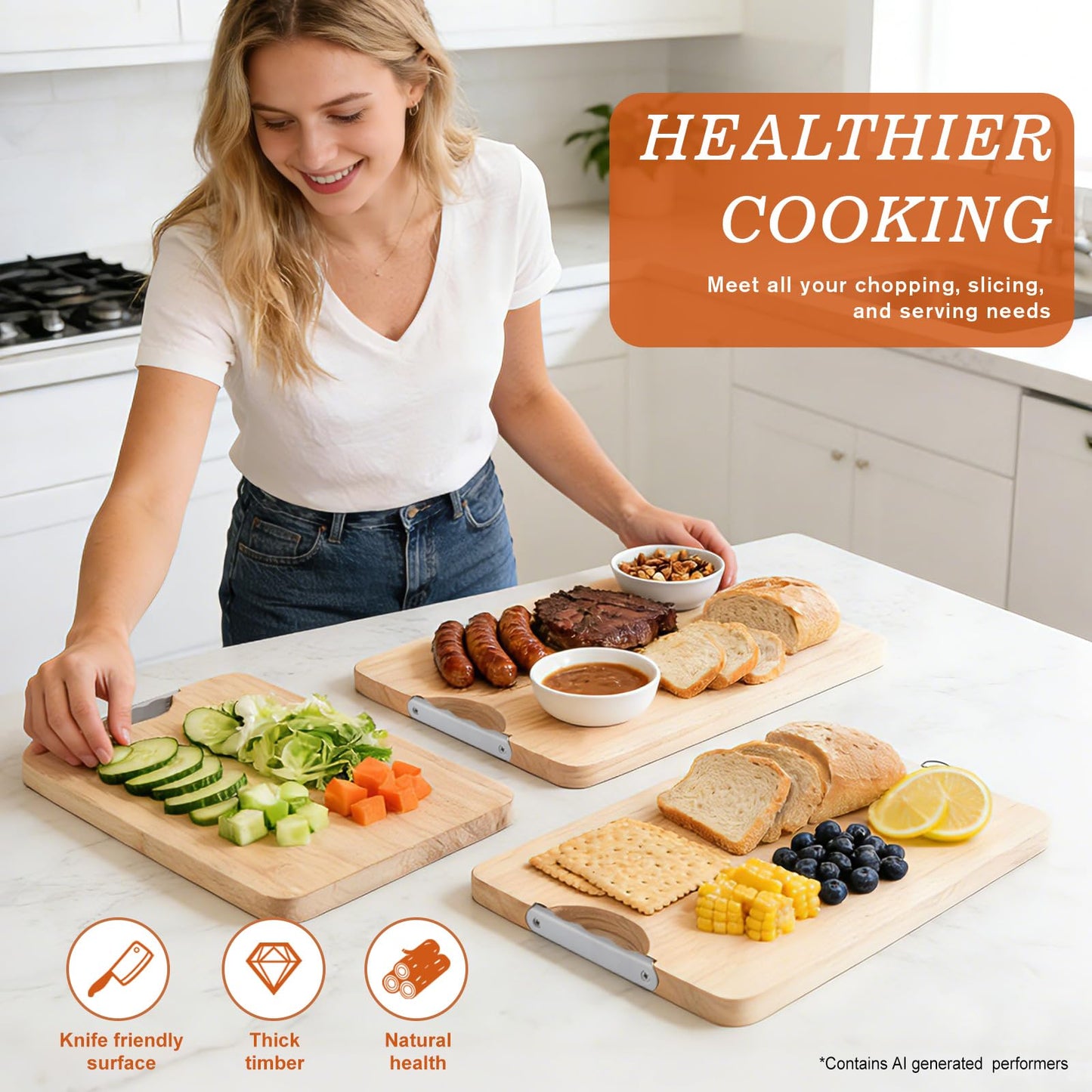 YeadCedle Wooden Cutting Board Set of 3 with Holder Maple Chopping Boards for Kitchen, Thick Large Cutting Board (12x7.8 to 15x9.8 Inch) Easy to Clean for Meat Vegetables Cheese