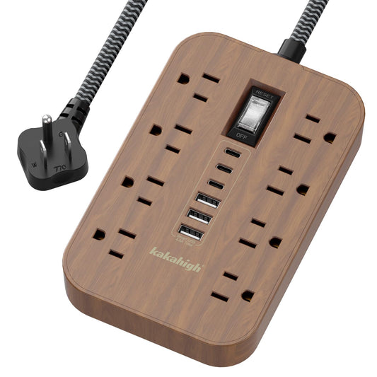 Walnut Power Strip with USB Ports - 5 FT Wood Power Strip, 1625W Decorative Extension Cord with 8 AC Outlet 6 USB, for Brown Tan Wood Walnut Grain Aesthetic Vintage Rustic Desk Accessories Decor