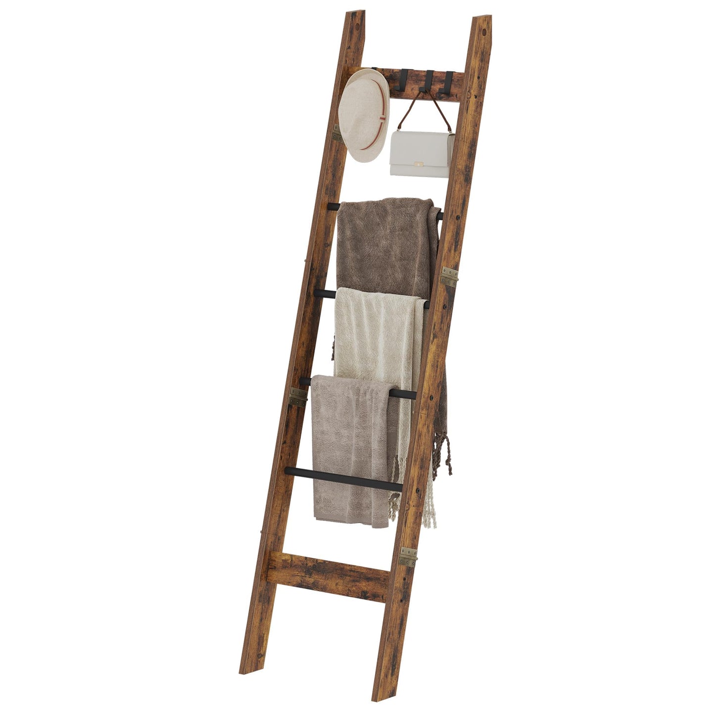 Hzuaneri Blanket Ladder for Living Room, Decorative Quilt Rack with 4 Removable Hooks, 5-Tier Farmhouse Ladder Holder Shelf Organizer for Bedroom, Rustic Brown and Black BR31501B