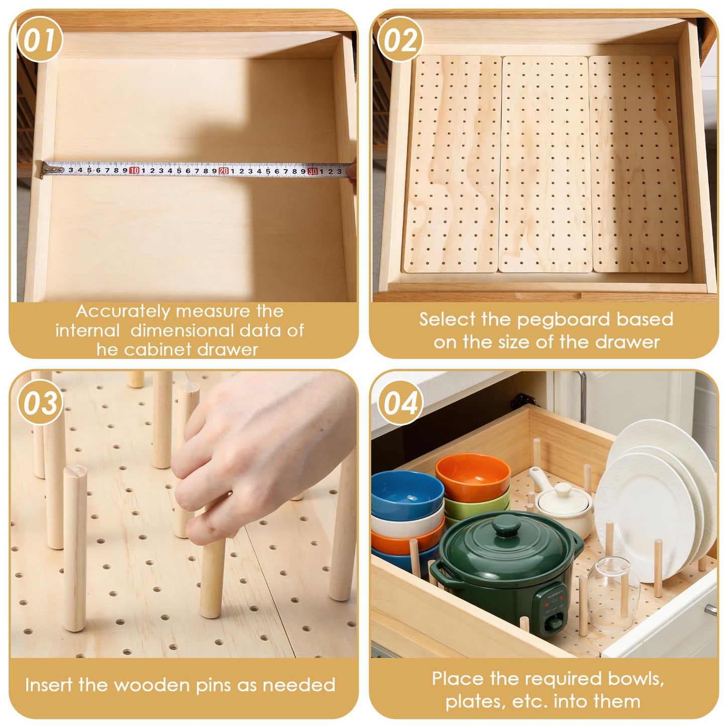 Oqqlin 4 Pcs Pegboard Drawer Organizer with 48 Pegs, 20.98x5.91 Inch Wooden Peg Board Kitchen Plate Organizer for Drawer Pegboard Storage Rack with Adjustable Peg for Tableware, Plate, Bowl, Cookware