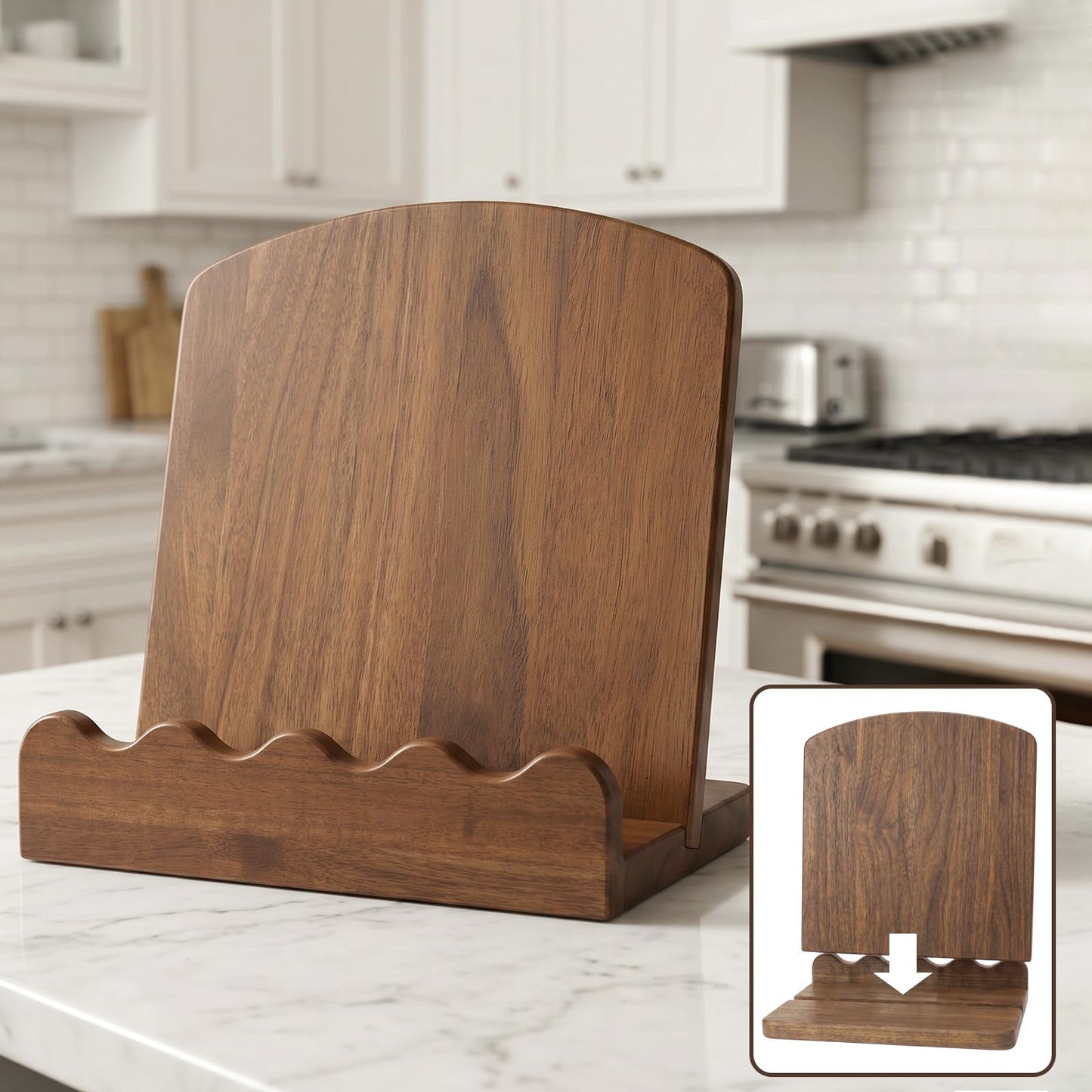 Scalloped Wooden Cookbook Stand for Kitchen Counter,2 in 1 Recipe Book Holder,Charcuterie Board & Kitchen Serving Tray,Durable Cook Book Holder Stand Easily Keeps Cook or Recipe Books Open