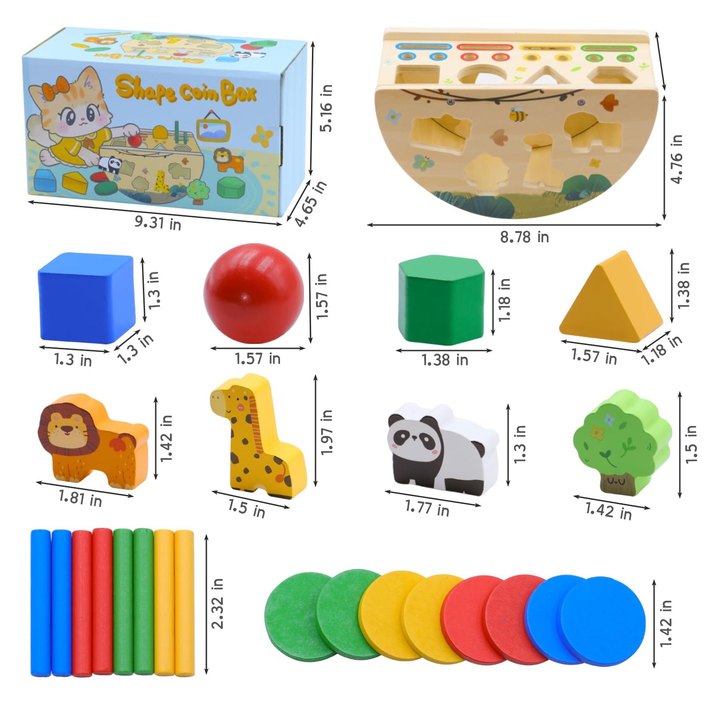 Humerry Montessori Busy Box for Toddlers 1-3, Wooden Object Permanence Coin Box with Shape Sorter & Animal Matching, Fine Motor Sensory Learning Toy with Wobble Base, Gift for 1 2 3 Year Old
