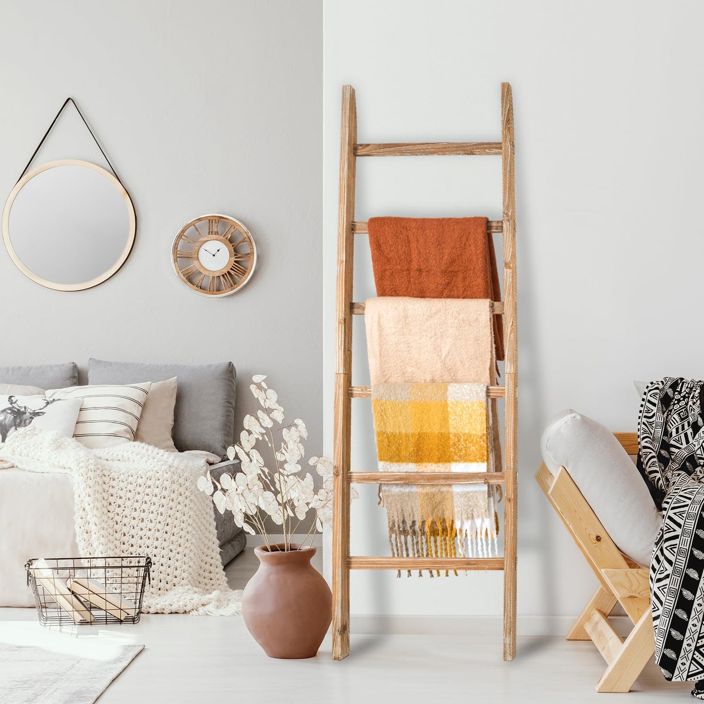 storenization Blanket Ladder 6.4FT, Wooden Blanket Ladders for the Living Room, 6-Layer Farmhouse Rustic Quilt Rack for Living Room Bathroom (24 inch Wide)