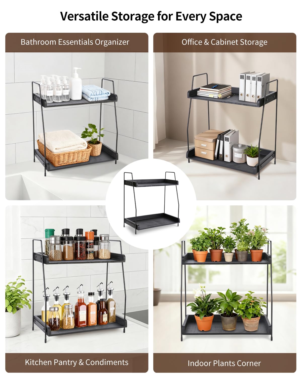 seashpea Coffee Bar Organizer for Countertop, 2-Tier Coffee Station Organizer with Metal Frame & Wooden Shelves, Coffee Accessories Organizer Rack for Pods, Syrups, Cups & Tea Bags (Black)