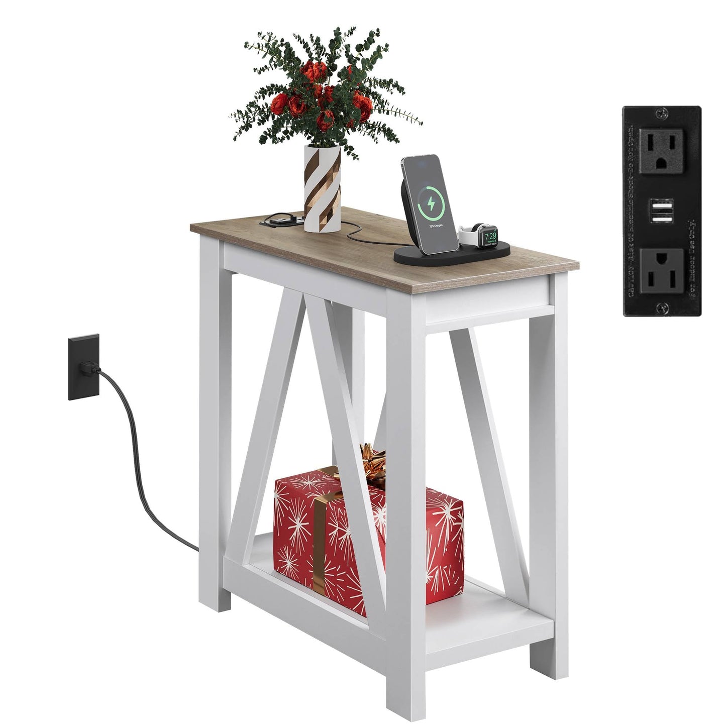 WLIVE Farmhouse End Table, Narrow Side Table with Charging Station, Slim End Table, Side Table for Bedroom, Living Room, Small Spaces, 2 USB and 2 Power Outlets, 11.8" D x 23.6" W x 23.74" H