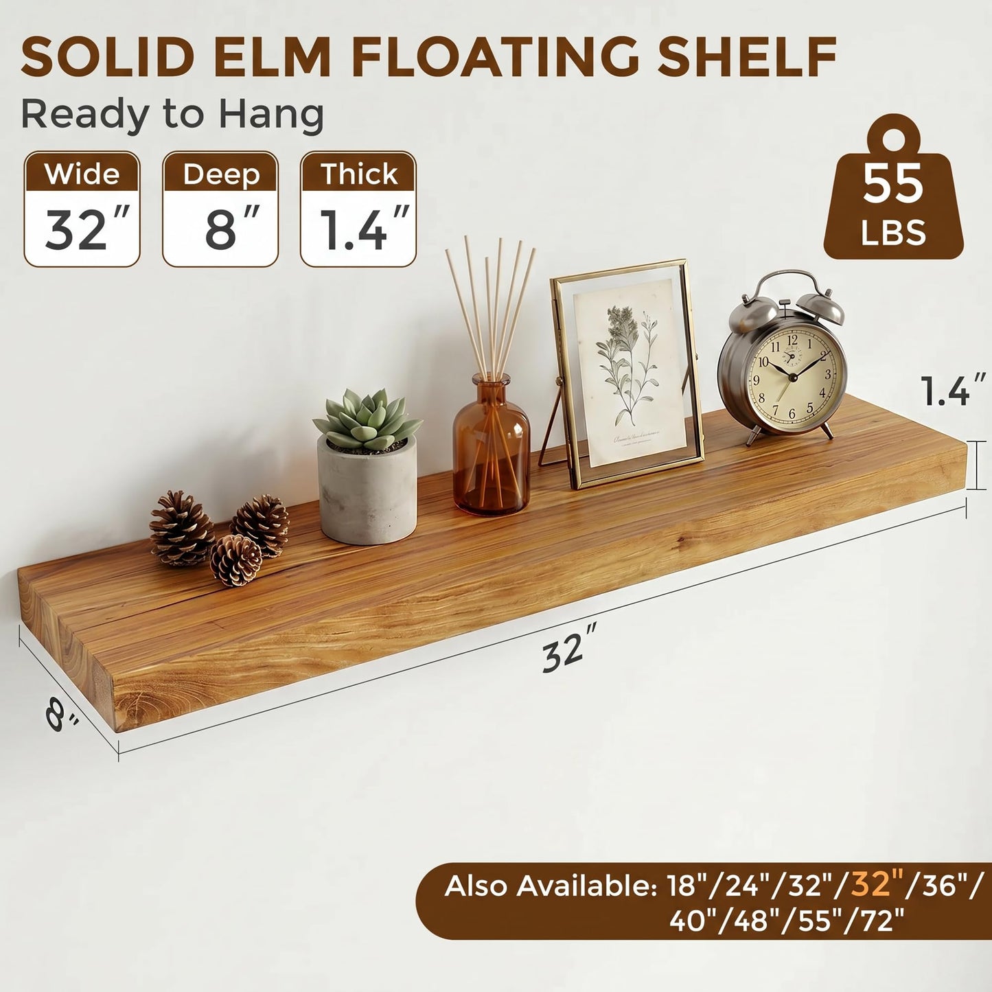 Dreamland Rustic Elm Woood Floating Shelves for Wall Decor, 32" W x 8" D x 1.5" H Floating Shelves Set of 2, Wall Mounted Deep Wooden Shelf for Living Room, Bedroom, Kitchen, Bathroom, Natural