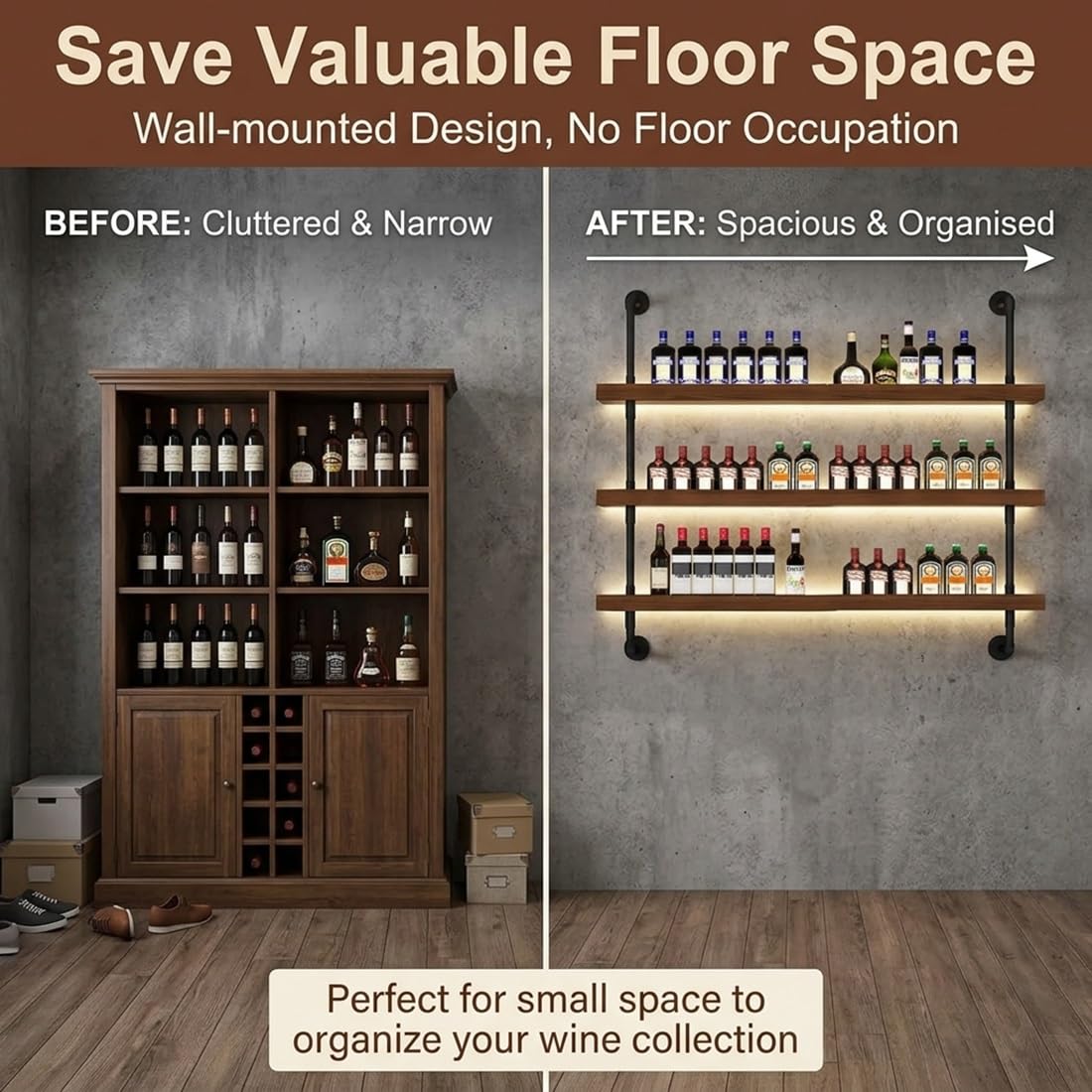Solid Wood Wine Racks Wall Mounted with LED Lights, Modern Metal Wine Bottles Display Shelf, Industrial Iron Floating Lighted Bar Liquor Whiskey Shelves Rack for Home & Dining Room(100CM/39.3IN)
