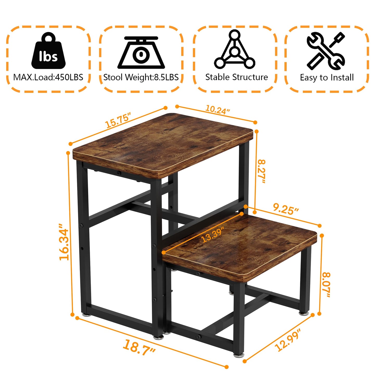 Toddler 2 Step Stool, Kids Wooden 2 Step Stools for Bathroom, Kitchen, Bedroom and Living Room, Heavy Duty Tall Stepping Stool for High Beds and Toilet up to 450-LBS