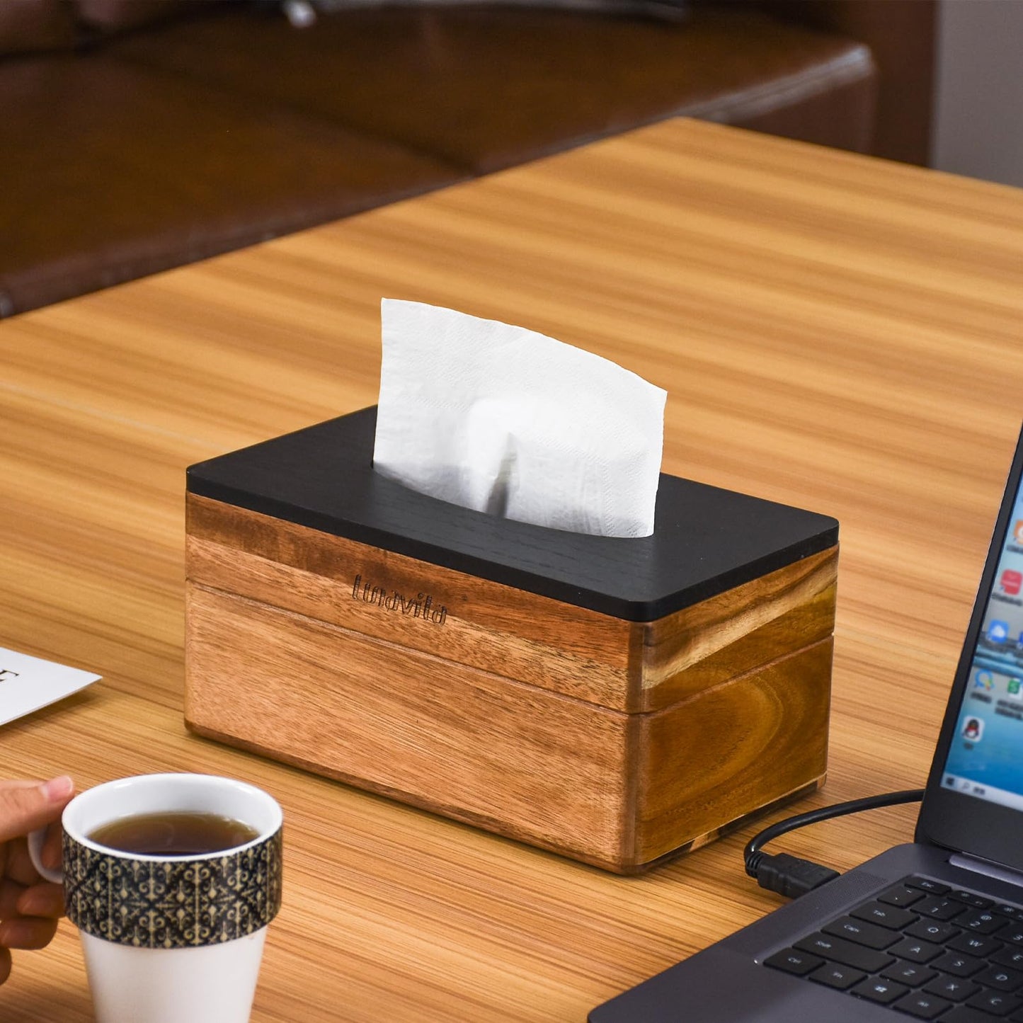 Rectangular Tissue Box Cover, Acacia Wood Rectangle Tissue Box Holder for for Bathroom Bedroom Dinner Table Office, Modern Farmhouse Style Cube Tissue Box