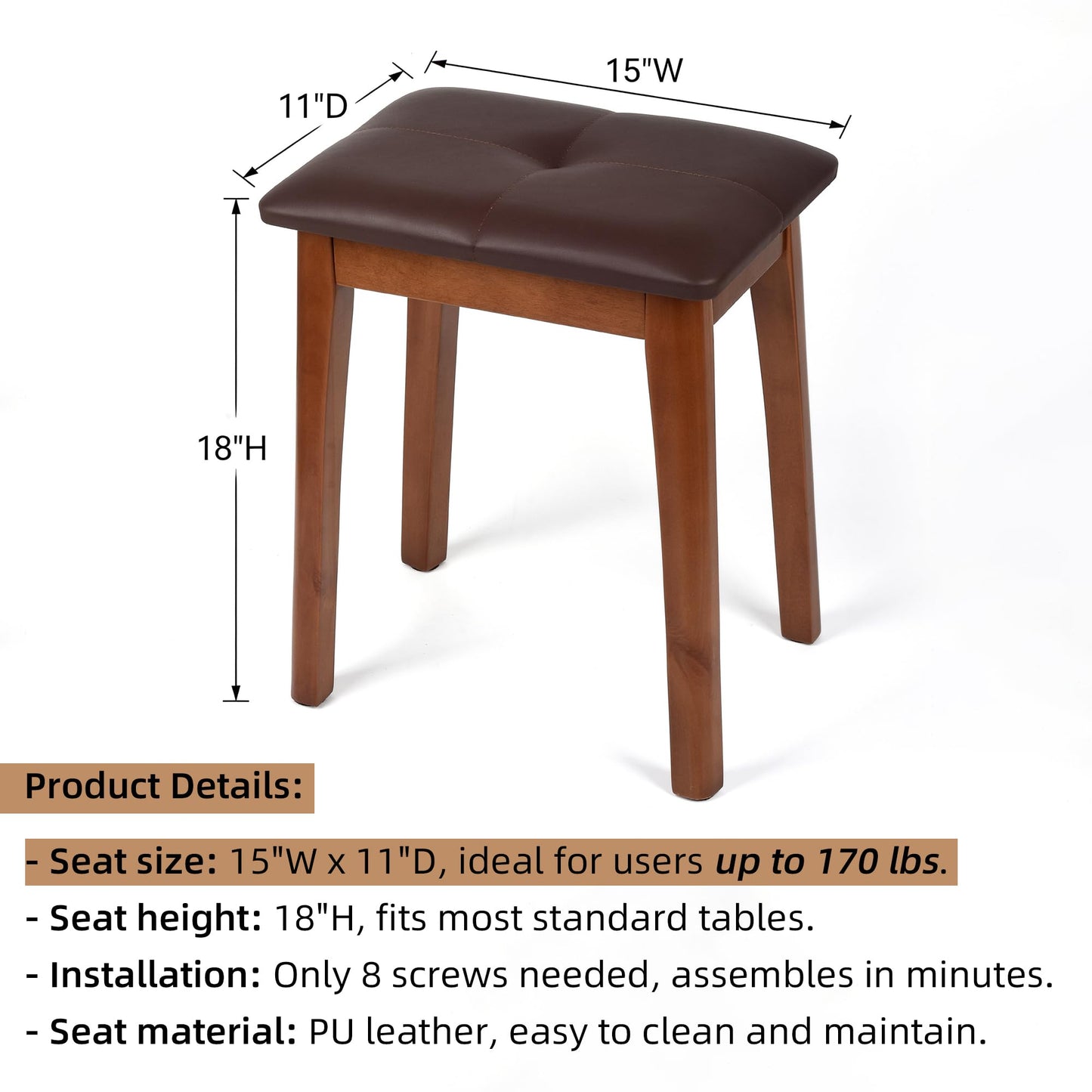 YETEYOW Solid Wood Vanity Stool with Cushion, 11" D x 15" W x 18" H - Small Wooden Ottoman Bench Chair Padded Seat for Bedroom/Living Room/Office/Makeup Vanity/Closet/Desk - Brown