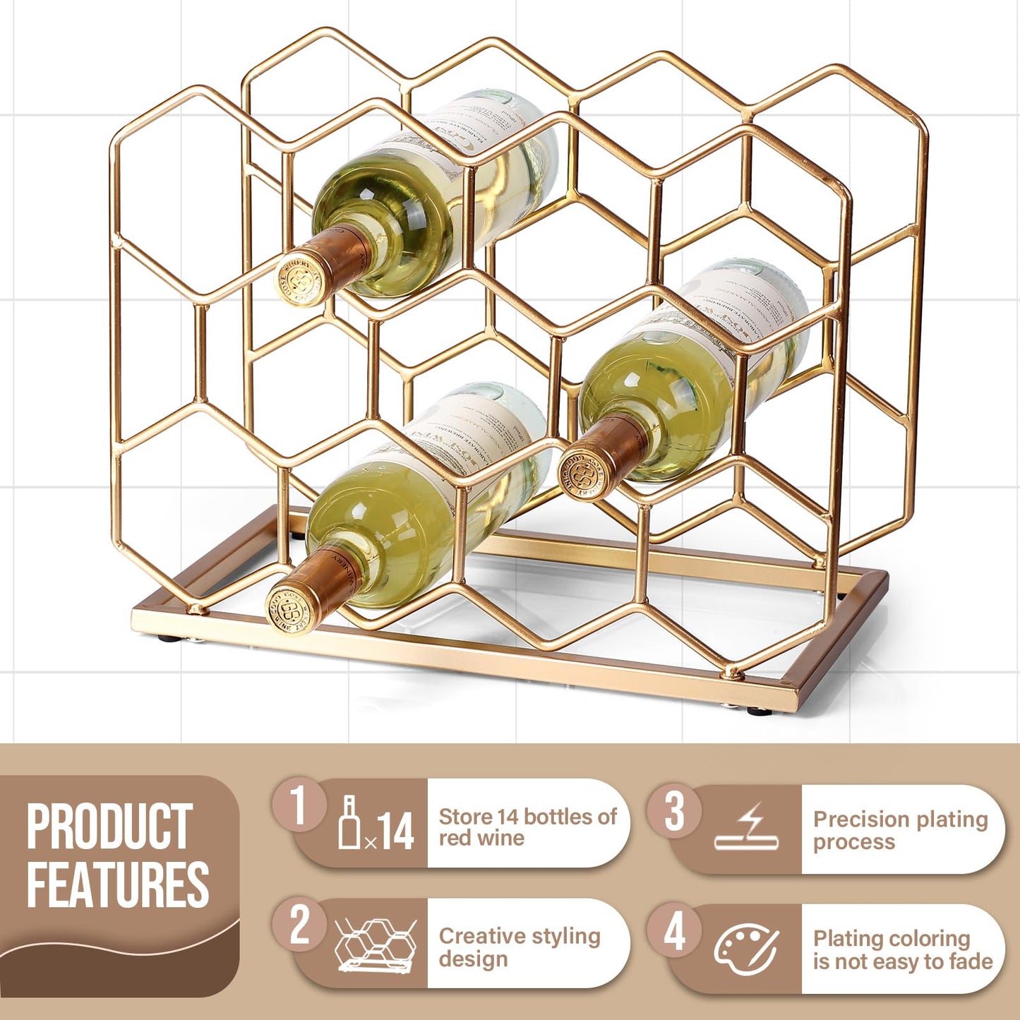 Drincarier 14 Bottle Countertop Wine Rack - Freestanding Modern Gold Metal Wine Rack - Tabletop Wine Holder Stand for Cabinet, Pantry, Wine Bottle Storage……