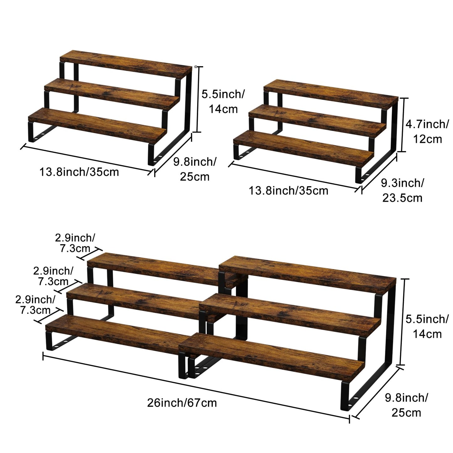 AUTARRONE Wooden Display Risers, 3-Tier Perfume Stand & Expandable Spice Rack Organizer, Cupcake Stand Holder & Display Shelf for Liquor, Figure & Dolls Collection (3-Tier, 2 Pack)