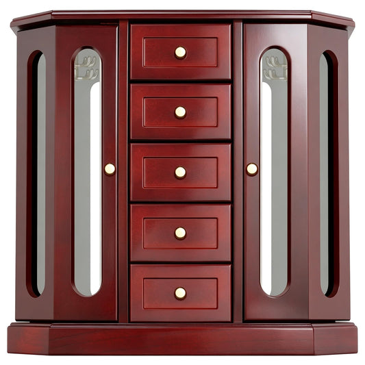 RR ROUND RICH DESIGN Vintage Jewelry Armoire with Mirror - Solid Wood Jewelry Box Organizer with 5 Drawers & 2 Glass Doors - Large Capacity Desktop Dresser Case for Rings, Earrings, Necklaces Brown
