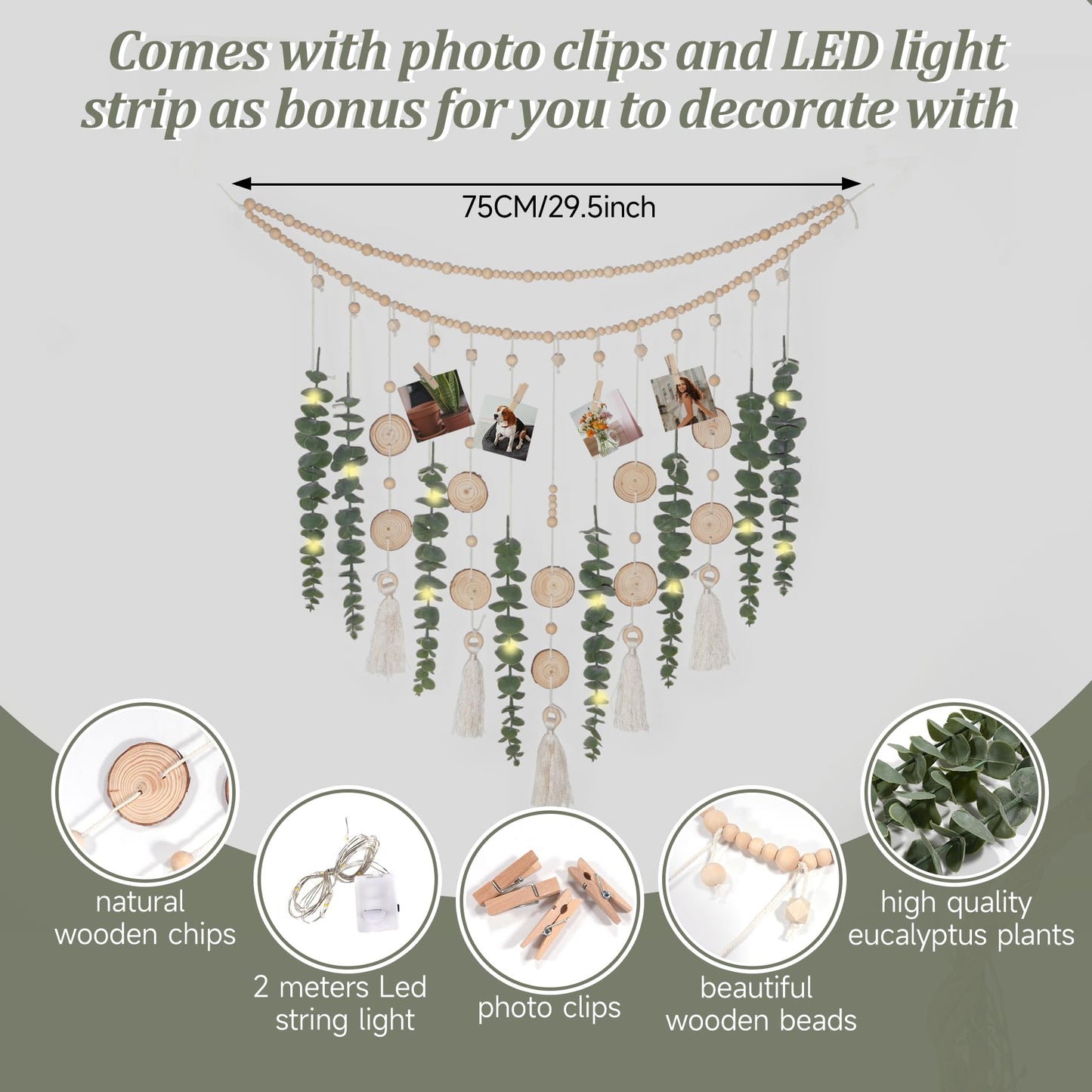 Artificial Hanging Eucalyptus Wall Decor Fake Greenery Leaves Wall Hanging Plants on Long Wooden Beads Garland Wall Art Large Boho Rustic Farmhouse Decor for Bathroom Bedroom Living Room Sage Green