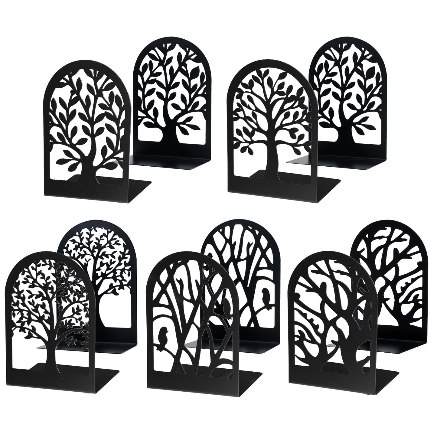 EOOUT Bookends for Shelves Decorative, 5 Pairs (10 Pack) of Tree Bookends Supports, Black Metal Book Stoppers for Heavy Books, Heavy Duty Book Ends for Home Office School.