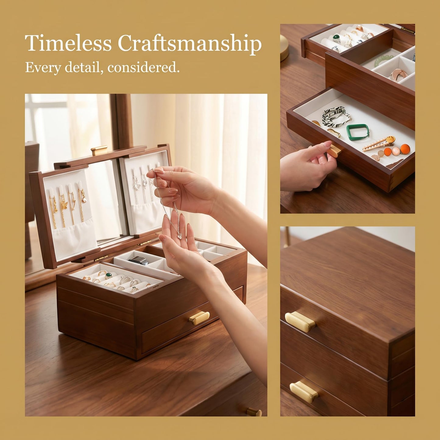 FMYSUSUXY Jewelry Box Solid Wood Jewelry Box Jewelry Ring Necklace Watches Earrings And Other Multi-style Storage Organizer Girl Wife Mother Gifts