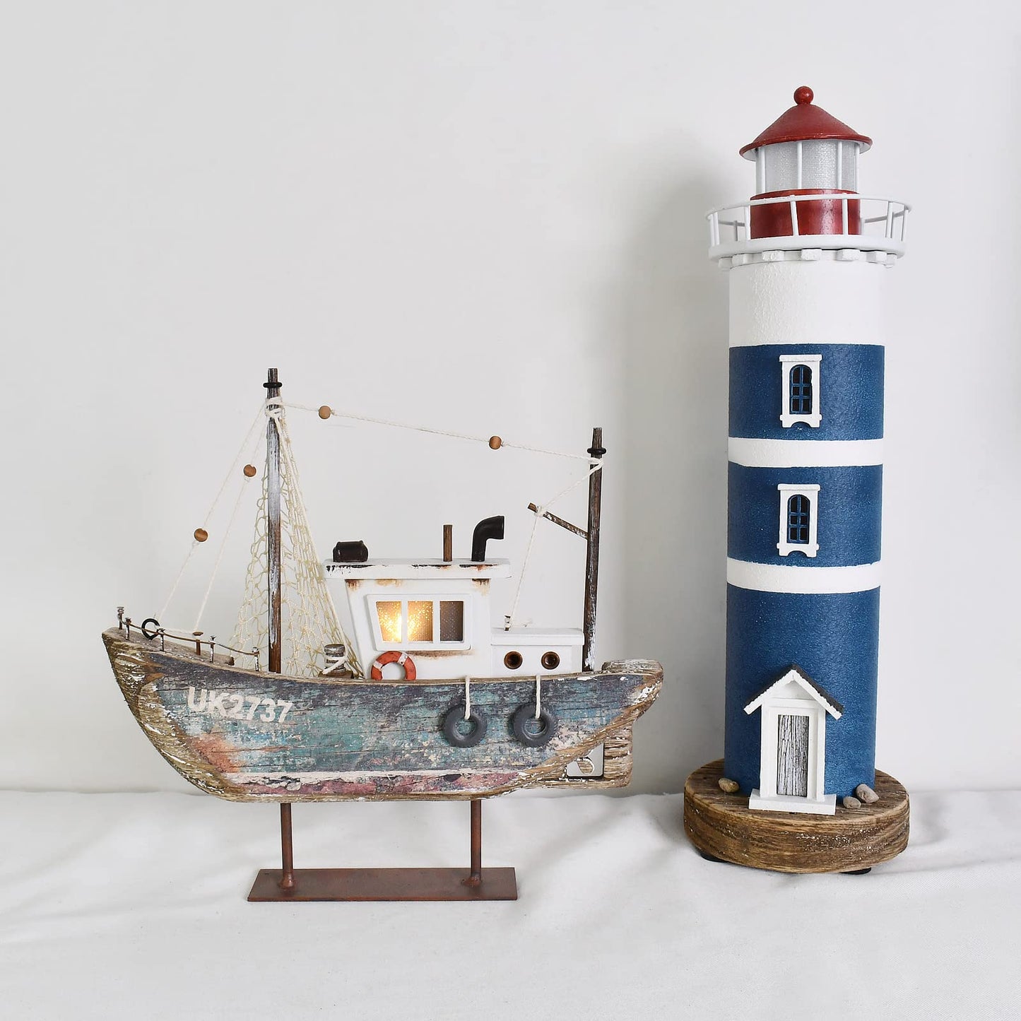 wovorins Wood Sailboat Nautical Decor with LED Light - Decorative Sailing Boat Model Beach Themed Ship Table Centerpiece Rustic Distressed Ocean Decoration Boats Figurine Ornaments