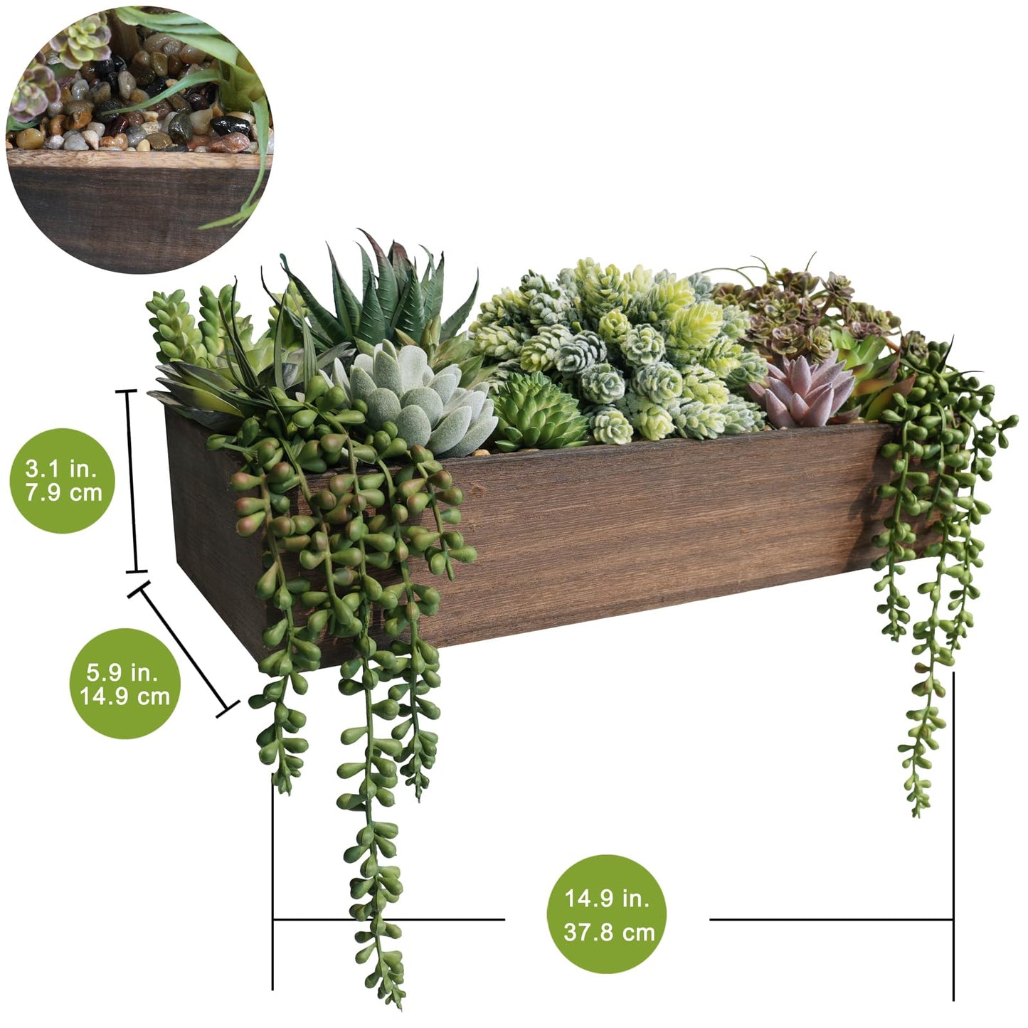 Winlyn Artificial Succulent Arrangement 15" Assorted Succulents Plants in Brown Rectangular Wooden Box Faux Potted Succulents Plant for Farmhouse Home Table Centerpiece Mantel Shelf Kitchen Décor