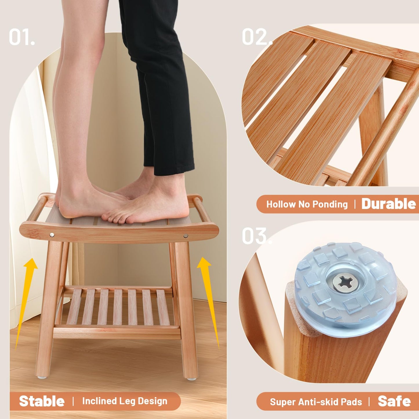 Bamboo Shower Bench for Inside Shower to Sit on,Waterproof Shower Stool for Shaving Legs,Spa Bathroom Shower Chair with Storage Shelf, Bathroom Bench Seat-Natural Bamboo