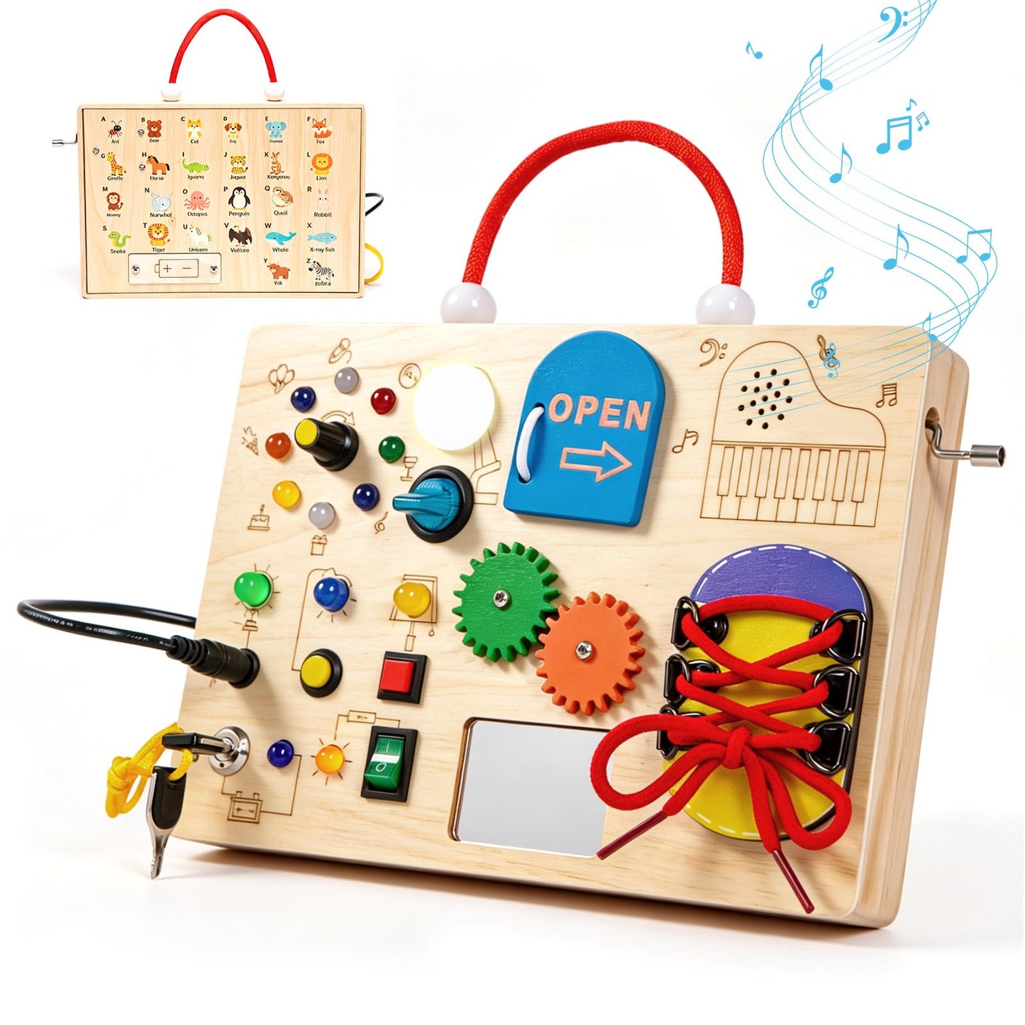 GNAYUIJ Montessori Busy Board,Wooden Sensory Board Toys for 1 2 3 Years Old,Toddlers Activity Travel Toy with LED Light Switches & Music Boxes for Boy & Girl Birthday Gift