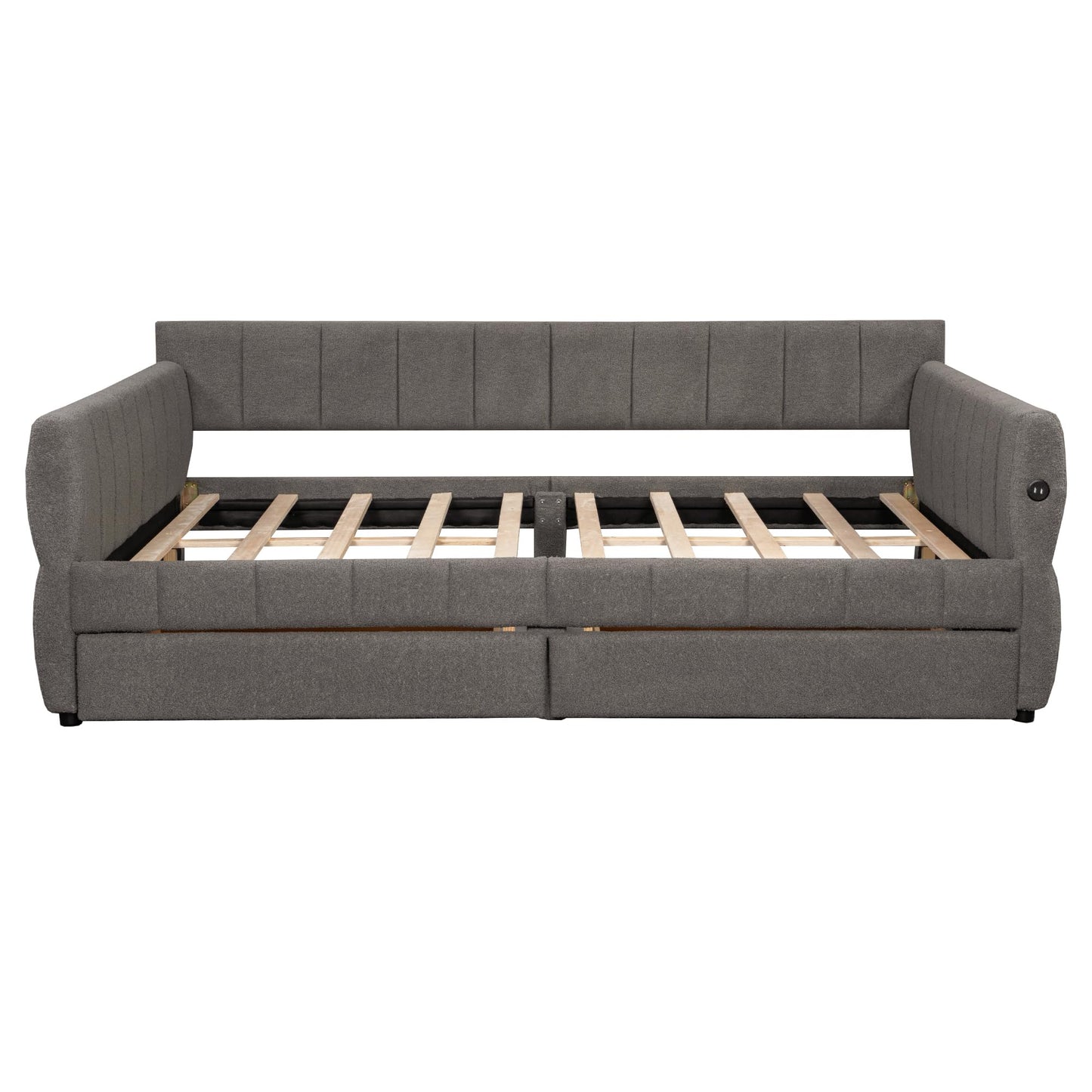 GDFStudio Queen Size Upholstered Platform Bed Frame with USB Ports & 2 Storage Drawers, Modern Sherpa Fabric Daybed Frame with Armrests, and Wooden Slats, No Box Spring Required, Gray