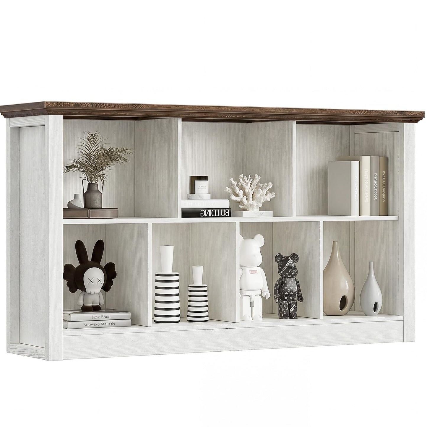 Unikito 7 Cube Storage Book Shelf - 47" Wide Wood Cube Storage Organizer, Wooden 2 Tiers Floor Standing Low Bookcase for Living Room, Bedroom, Home Office, Kids Room, Rustic White and Brown