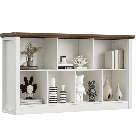 Unikito 7 Cube Storage Book Shelf - 47" Wide Wood Cube Storage Organizer, Wooden 2 Tiers Floor Standing Low Bookcase for Living Room, Bedroom, Home Office, Kids Room, Rustic White and Brown