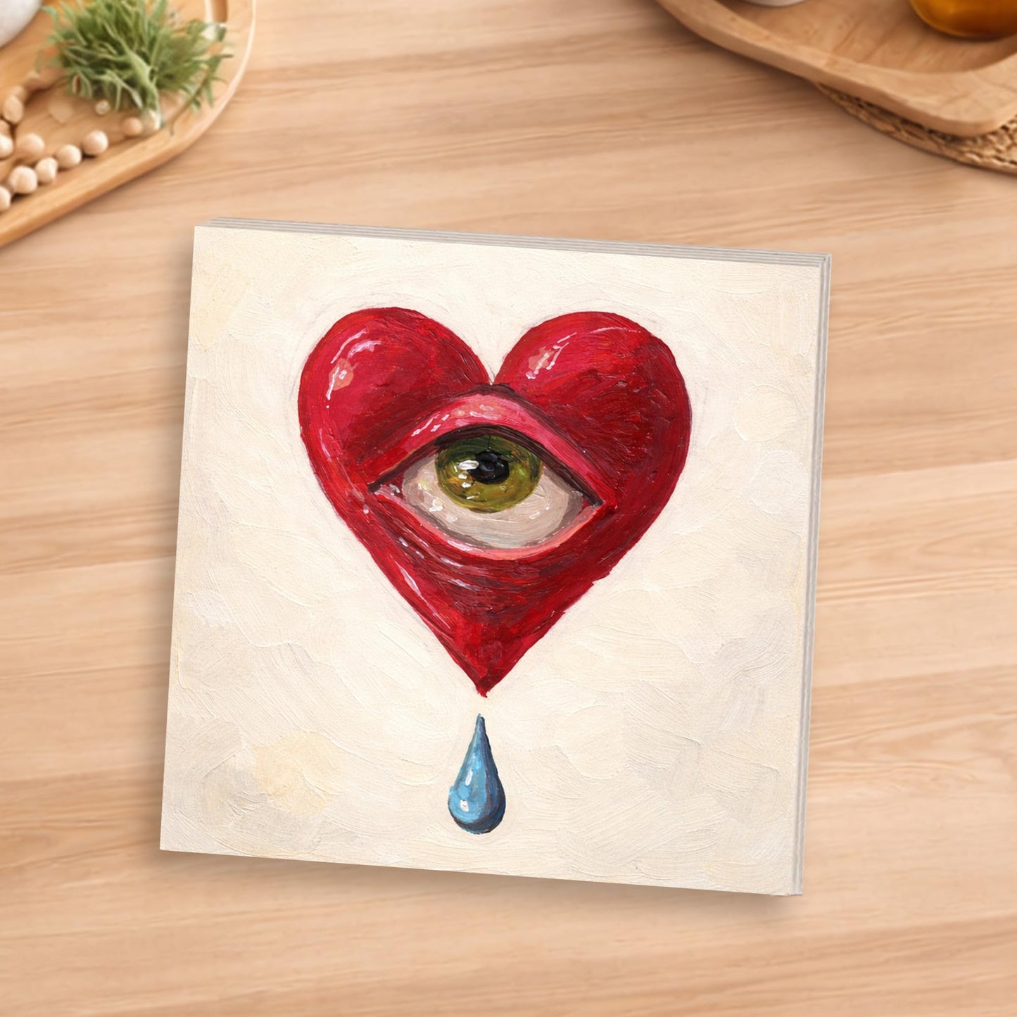 Surreal Heart Eye Wooden Block Sign, Emotional Love Art Decor, Abstract Crying Heart Design Shelf Sitter, Modern Home Table Mantel Tiered Tray Accent Gift for Art Lover