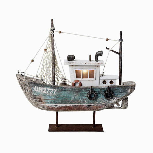 wovorins Wood Sailboat Nautical Decor with LED Light - Decorative Sailing Boat Model Beach Themed Ship Table Centerpiece Rustic Distressed Ocean Decoration Boats Figurine Ornaments