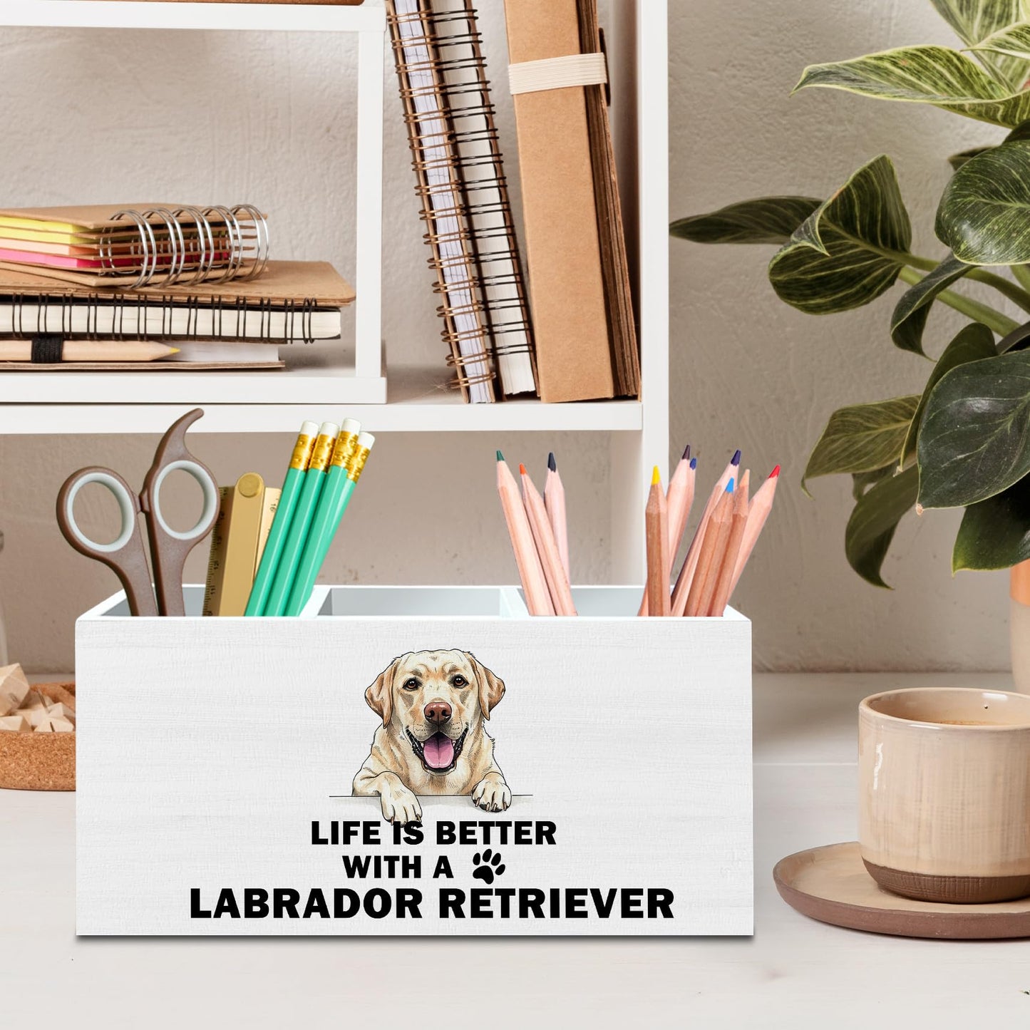 DILSJ Labrador Retriever Gifts Pen Pencil Holder Organizer For Desk, Dog Mom Dad Lovers Gifts, Life Is Better With Labrador Retriever Wooden Box Signs For Home Office Desk Tabletop Decoration