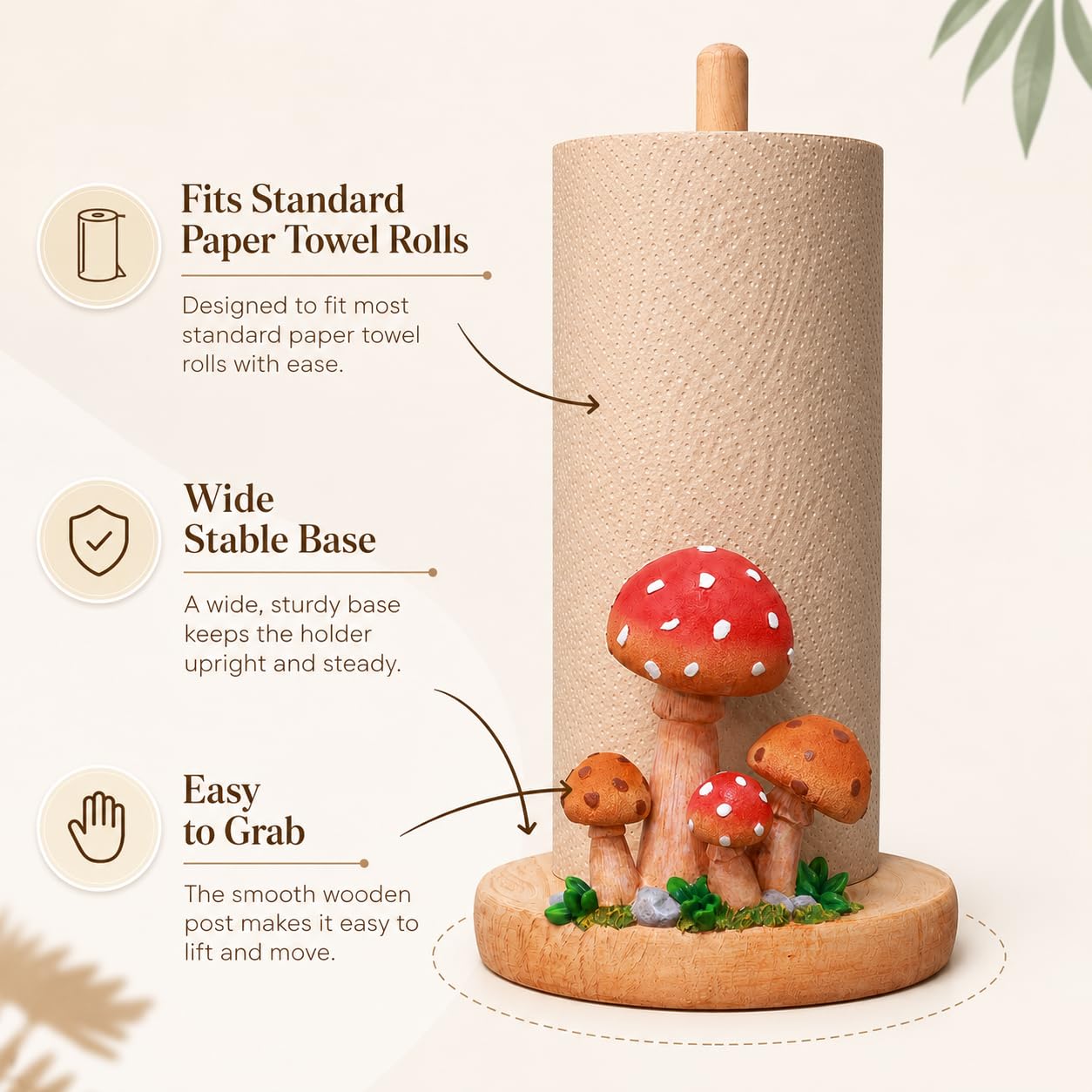Mushroom Paper Towel Holder, Hand-Carved Resin & Wood Tissue Holder with Large Non-Slip Base, Decorative Kitchen Countertop Paper Towel Stand for Bathroom, Living Room, Farmhouse Decor