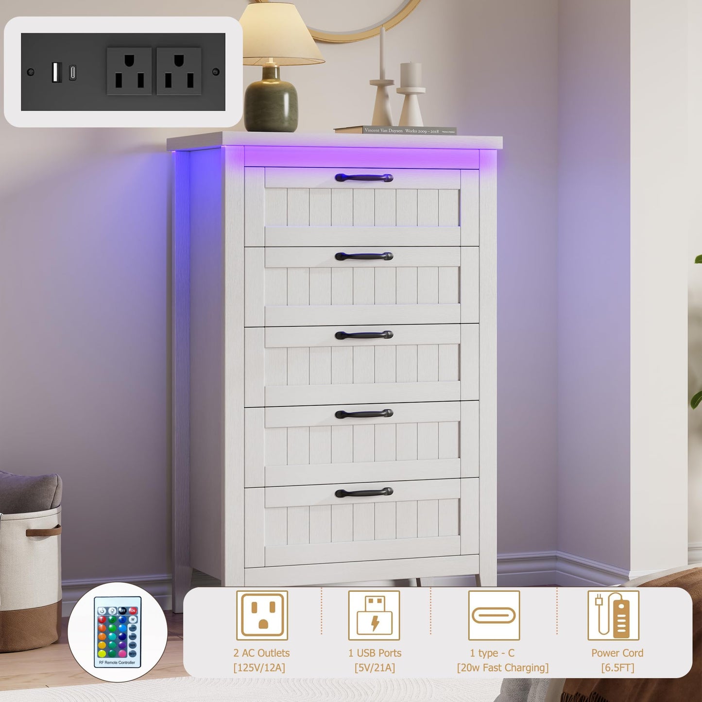 GarveeHome Farmhouse Tall 5 Drawer Dresser with Charging Station & LED Lights, Slim Wooden Bedroom Dresser, Rustic Chest of Drawers Clothes Storage Organizer for Closet Dorm Apartments, White