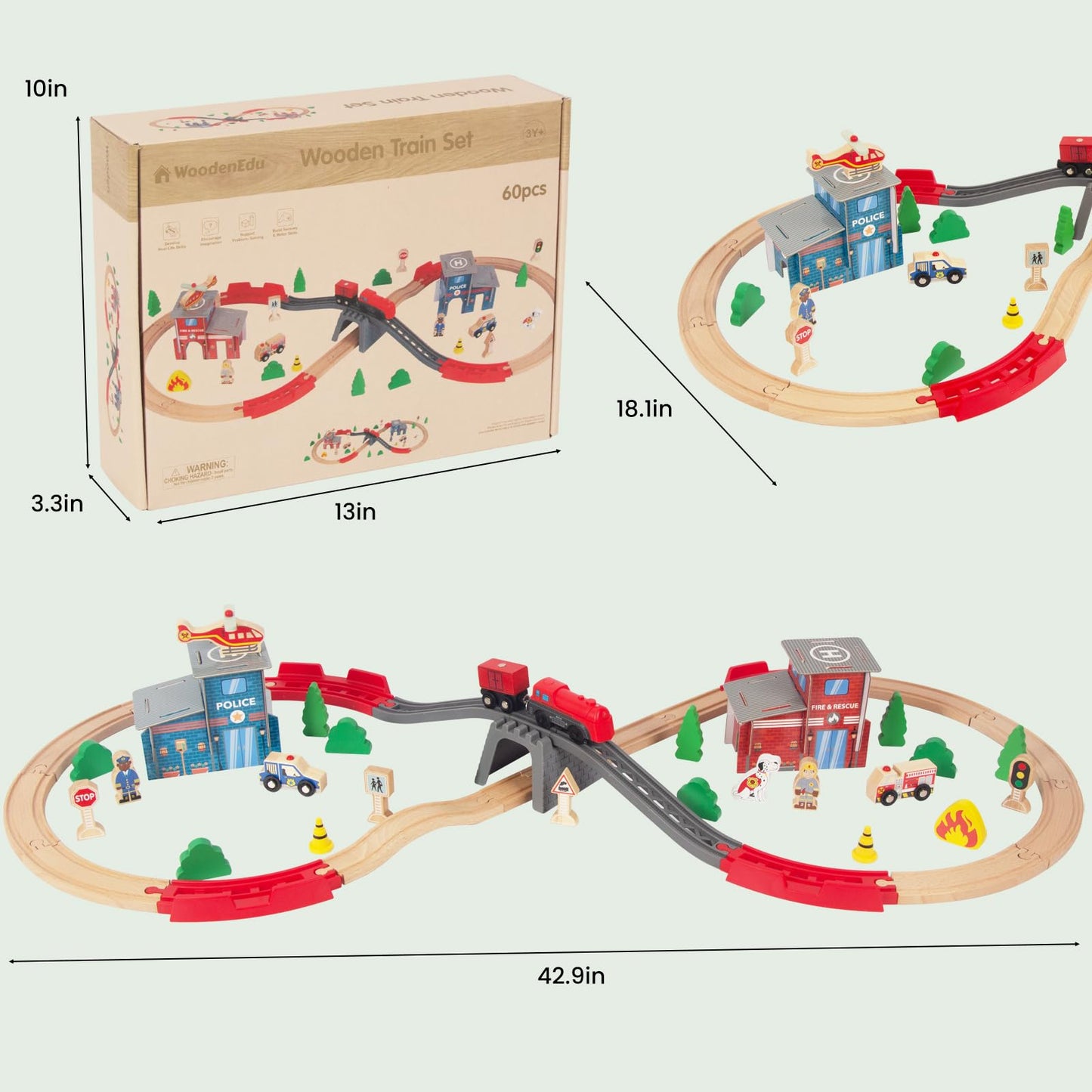WoodenEdu Wooden Train Set for Toddler - 60 Pcs- with Wooden Tracks fits Thomas, fits Brio, fits Chuggington, fits Melissa and Doug - Expandable, Changeable-Train Toy for 3 4 5 Years Old Girls & Boys