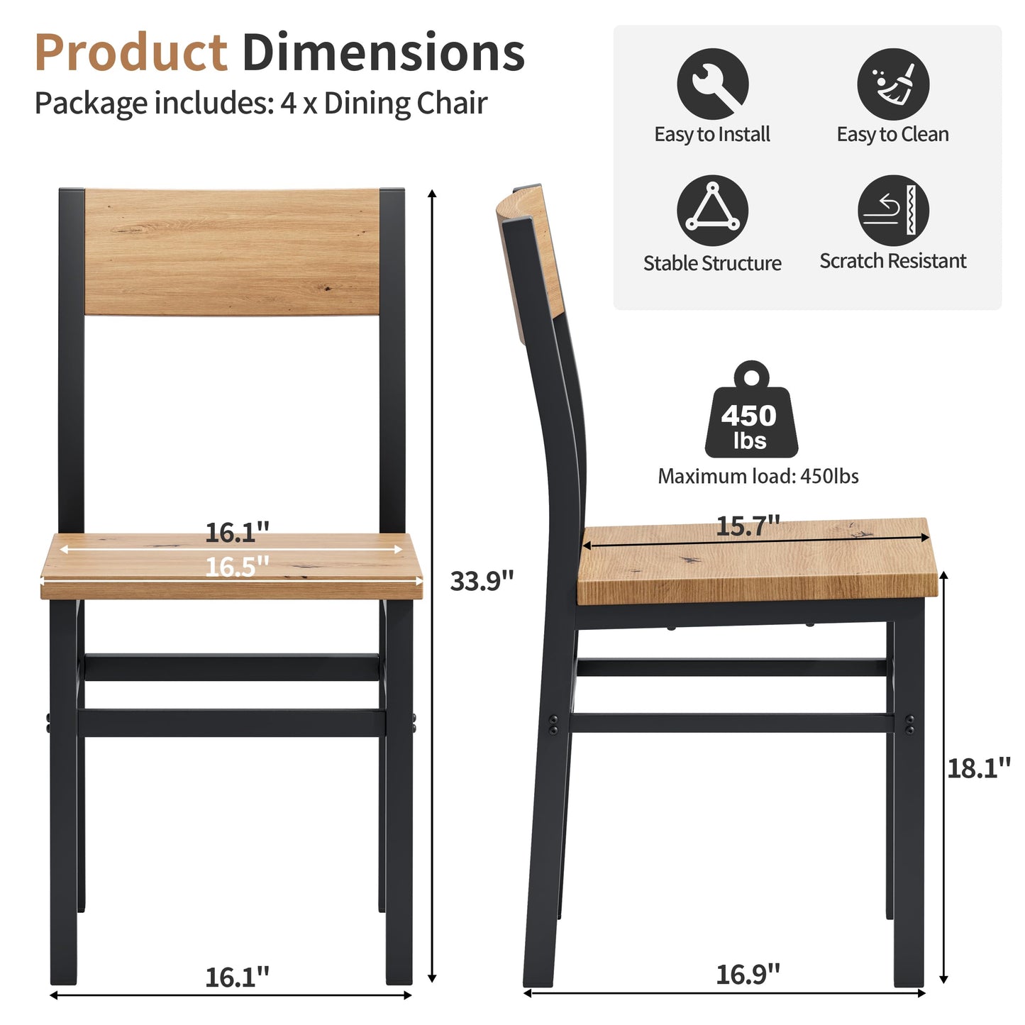 MECHYIN Dining Chairs Set of 4, Rustic Wood Dining Room Chairs with Thickened and Strengthened Metal Steel Frame & Slat Back, Modern Farmhouse Chair for Kitchen, Dining Room (4, Light Brown)