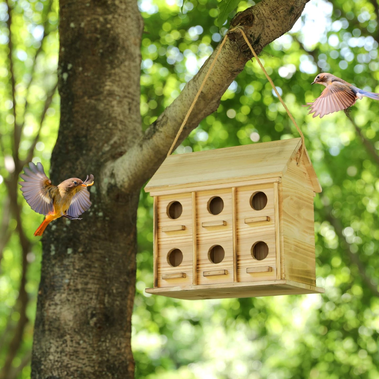 Wooden Bird Houses for Outside, 12 Rooms Hanging Bird House, Large Birdhouse for Wren Finch Bluebirds, Decorative Outdoor Bird Nesting Box