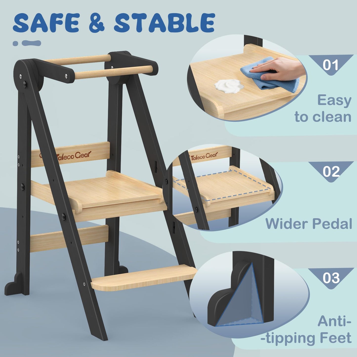 Foldable Toddler Kitchen Stool Helper, Toddler Standing Tower with 3 Adjustable Heights, Collapsible Wooden Step Stool for Kitchen & Bathroom, Montessori Learning Helper Tower for Toddlers Aged 1-6