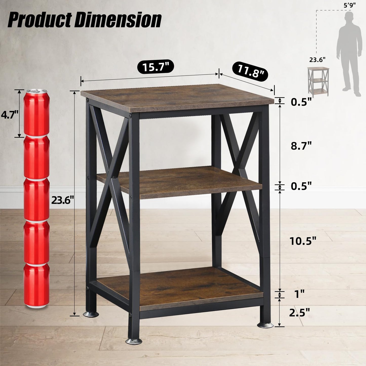 End Tables with Storage Shelf, 12" Deep x 16" Wide x 24" High, Small Side Table 3-Tier, End Tables Living Room Farmhouse, X-Shaped Night Stands for Bedrooms Bedside Tables, End Table Wood and Metal