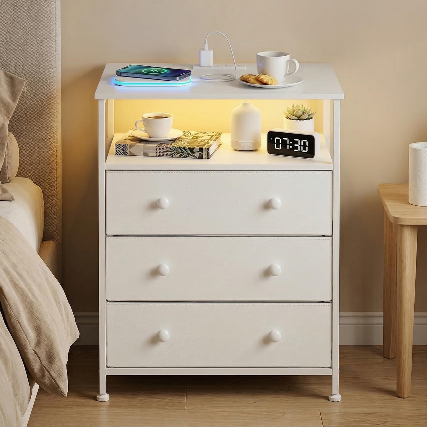PATAVOT 3-Drawer LED Nightstand with Charging Station, White.