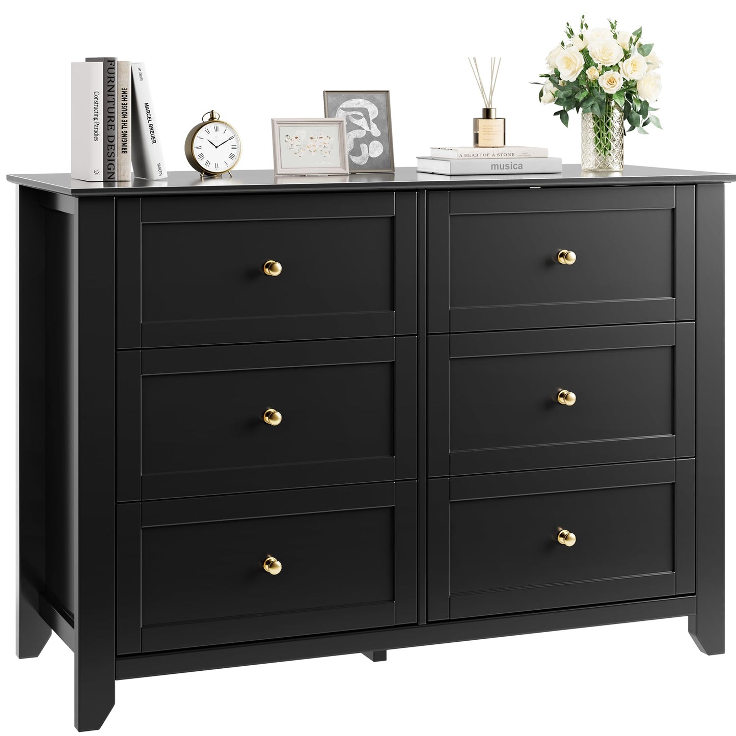 Garvee 6 Drawer Dresser for Bedroom, 47.2" Wide Modern Large Chest of Drawers with Metal Knobs, Wooden Clothes Storage Organizer for Closet, Nursery, Living Room, Apartment, Black