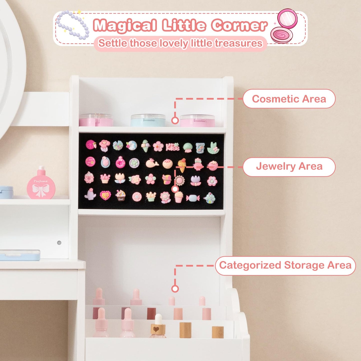 INFANS Kids Vanity with Lights, Princess Makeup Desk with Mirror Storage Shelves, Toddler Table and Chair Set Pretend Play for Girls Aged 4-9 (Cream White)