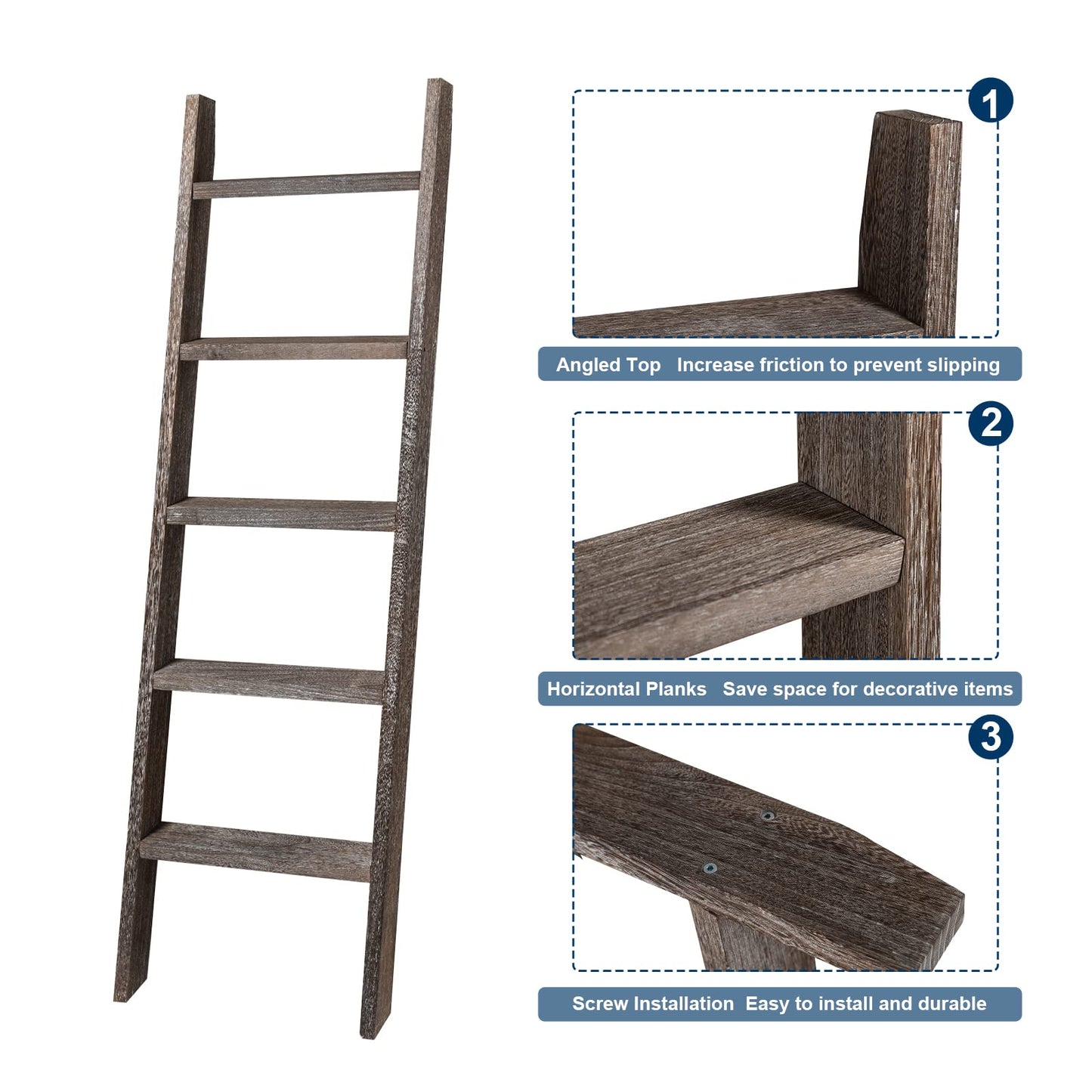 Natsukage Rustic Wooden Blanket Ladder - Farmhouse Decorative Ladder Shelf for Living Room, Bathroom, Bedroom (63" x 22", Rustic Walnut)