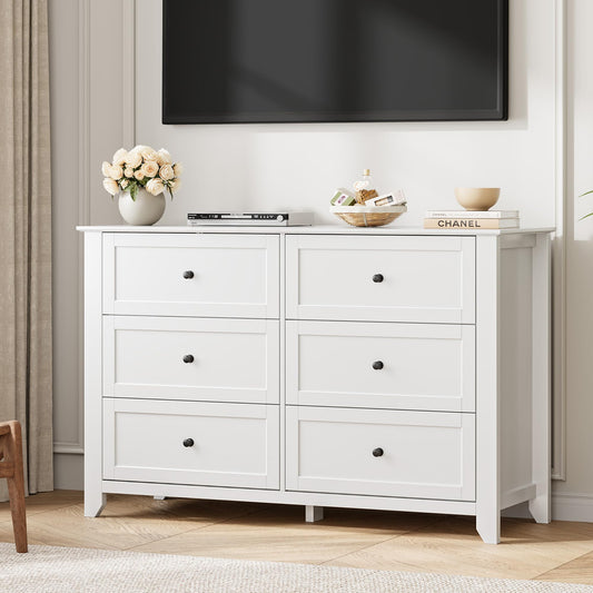 Garvee 6 Drawer Dresser for Bedroom, 47.2" Wide Modern Large Chest of Drawers with Metal Knobs, Wooden Clothes Storage Organizer for Closet, Nursery, Living Room, Apartment, White