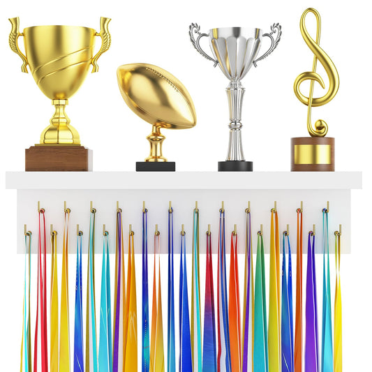 D.S.Exthefic Medal Hanger Display and Trophy Shelf Organizer, Wooden Wall Mount Ribbon Holder with 25 Steel Hooks, Race Awards Storage Rack Stand for Sports Enthusiasts, White with Golden Peg
