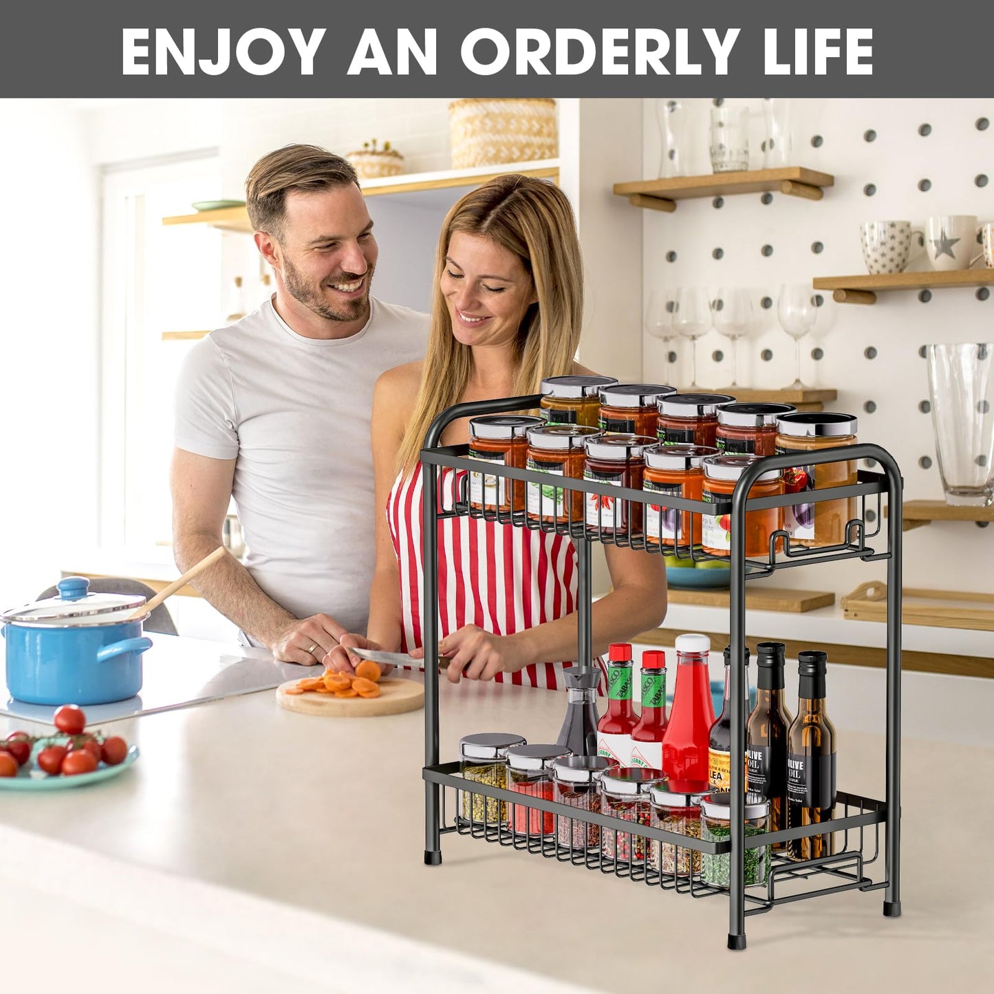 AURIKAR Spice Rack for Countertop, 2-Tier Standing Sturdy Metal Seasoning Organizer Holder, Space Saving Spice Shlef for Kitchen, Cabinet, Pantry Storage, Easy Assembly, Black