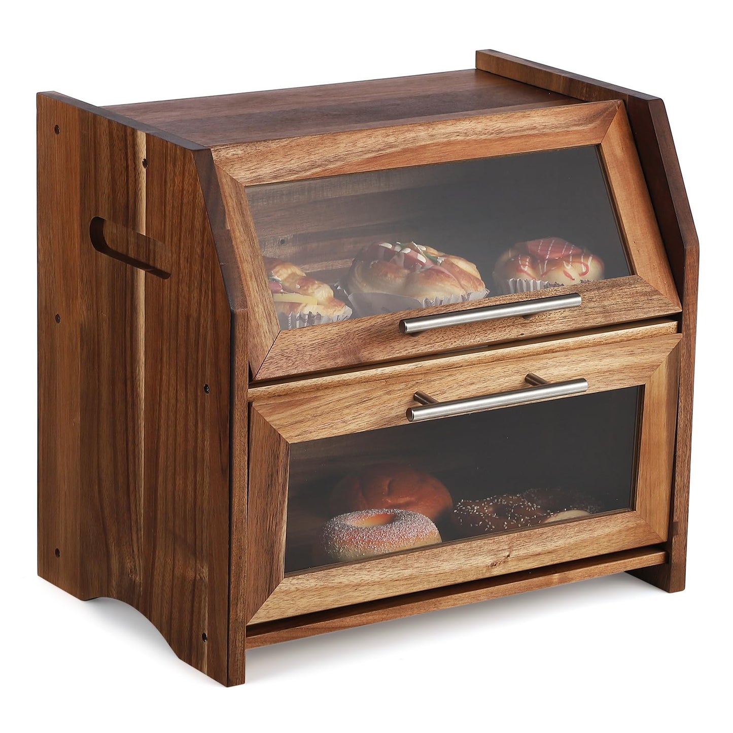 Bread Box, 2 Layer Bread Bin with Clear Acrylic Door Panel and Air Vents, Wooden Countertop Bread Storage Container, Farmhouse Bread Holder for Bread, Bagels and Rolls, Brown