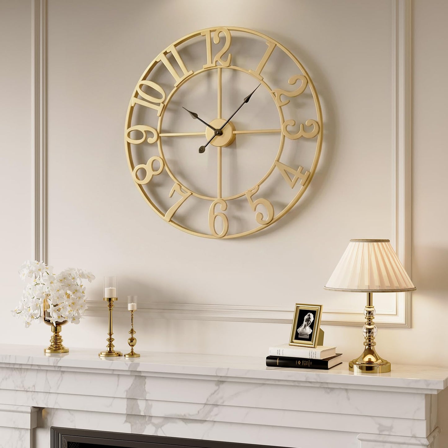 Large Wall Clock Gold Clocks for Living Room, 24 Inch Decorative Wall Clocks Battery-Operated, Modern Metal Round Clock Silent Non Ticking for Kitchen Mantel Bedroom Office Decor, Arabic Numerals