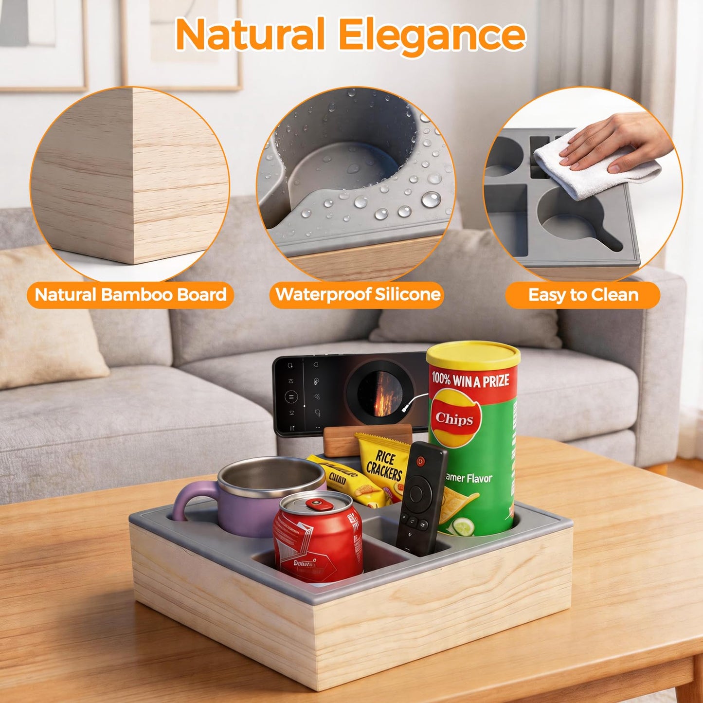 ThinRinRin Wooden Couch Cup Holder Tray with Phone Holder and Couch Caddy