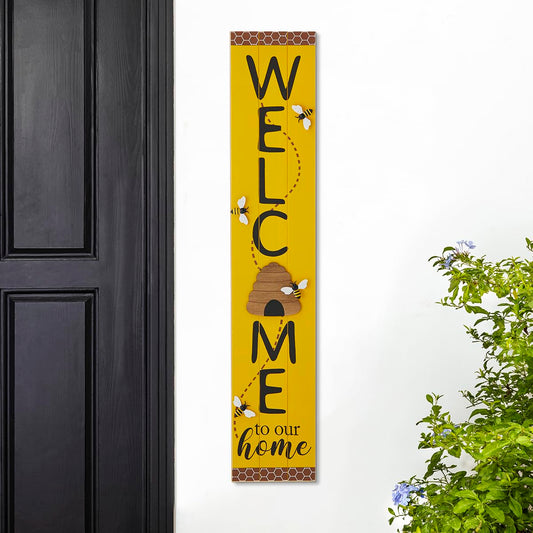 Glitzhome 42" H Welcome Sign for Front Porch, Rustic Solid Wood Welcome Porch Sign with Bee Vertical Standing or Hanging Signs for Porch Door Home Yard Indoor Decor