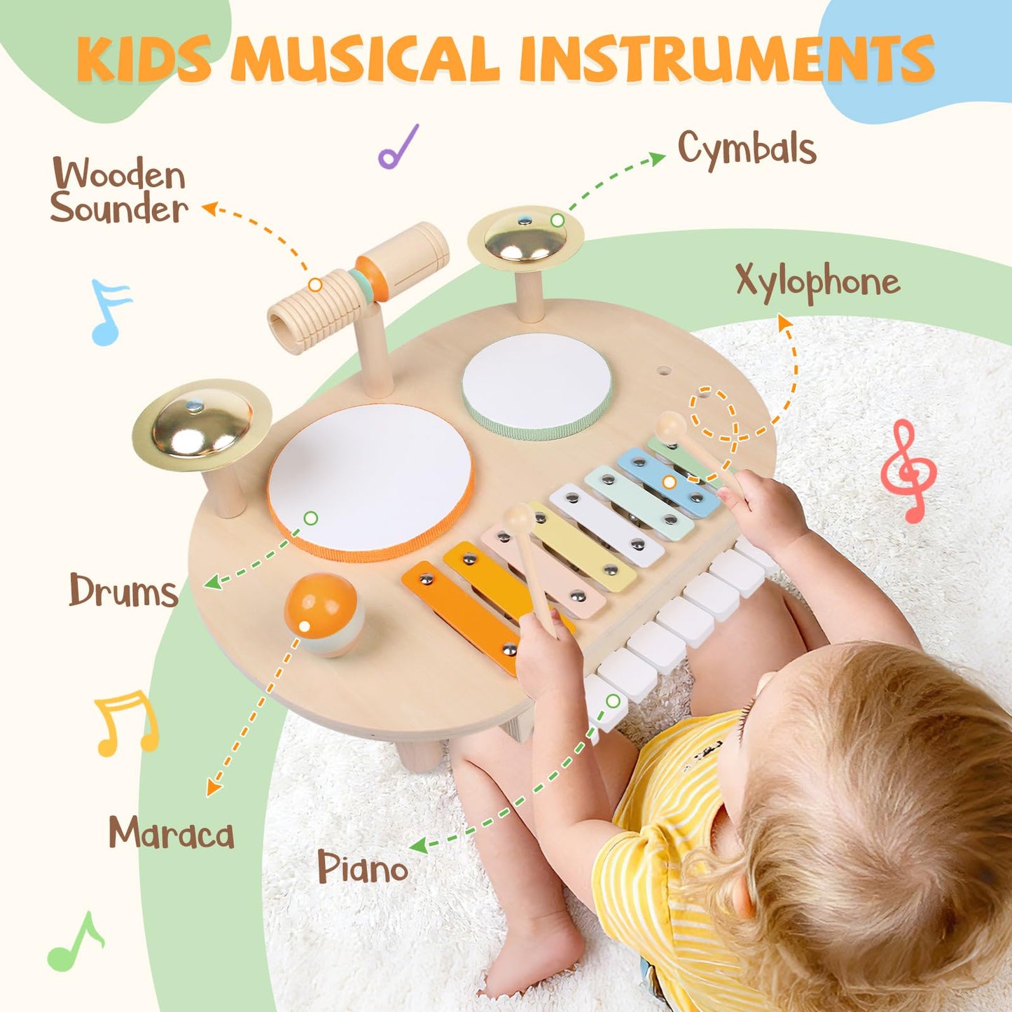 YHHYTOY Baby Drum Set, Wooden Baby Musical Instruments for Toddlers 1-3, Musical Activity Table Percussion Set with Xylophone Cymbal Piano, Montessori Christmas Preschool Birthday Gifts for Kids