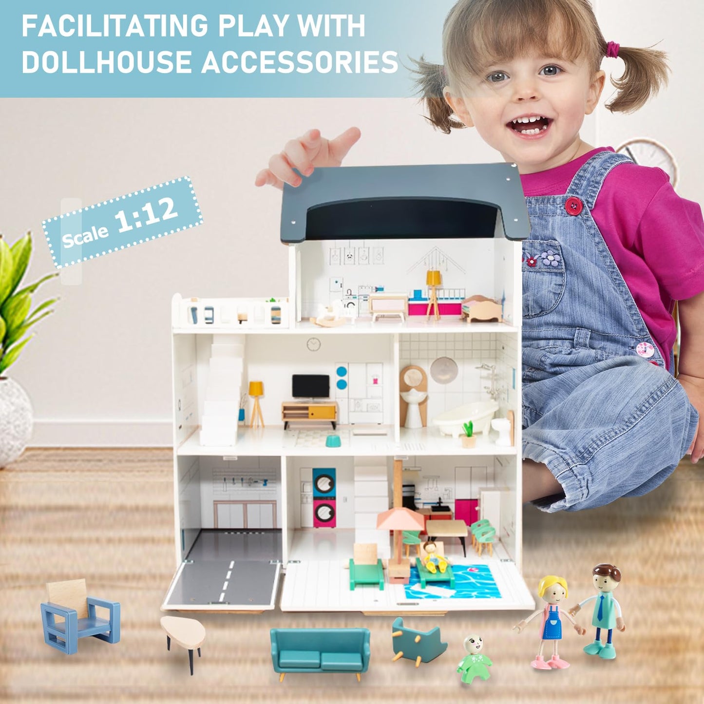 Smartwo 43PCS Wooden Dollhouse Furniture Set 6 Rooms with 5 Family Dolls,Wood and Plastic Dollhouse Accessories, in/Outdoor Scenes Pretend Play Toys Christmas Birthday Gift for Boys Girls & Kids 3Y+